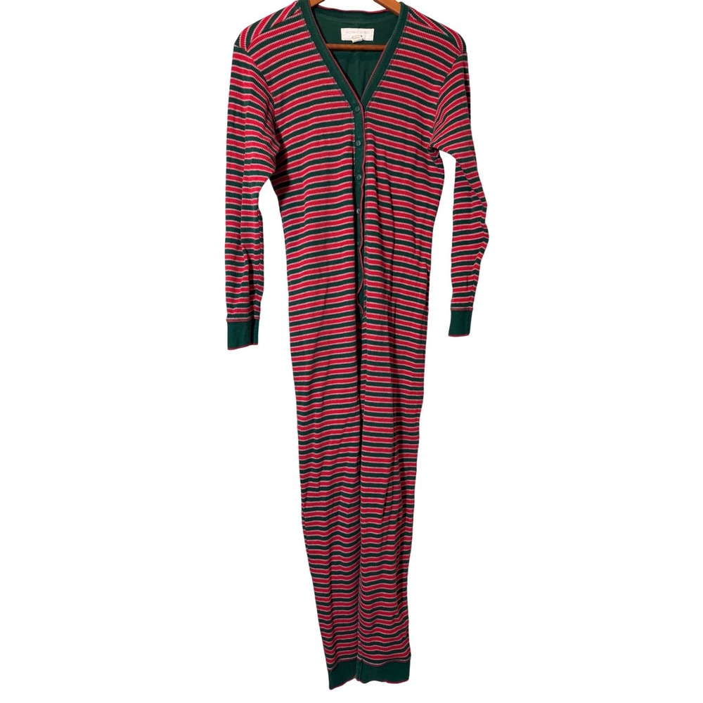 Victorias Secret Womens Red Green Striped Cotton Thermal Union Suit Pajamas M
